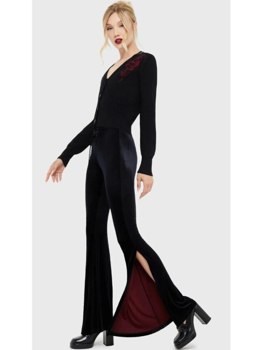 Killstar Crimson Flame Flares Velvet Pants Women's Size Small Black Red NEW NWT